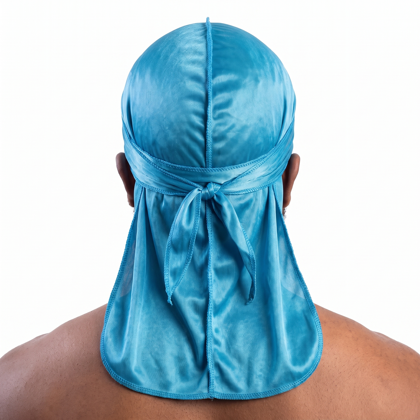 Premium Turquoise Blue Silk Durag worn by male model, back view showing tied wrap and tail