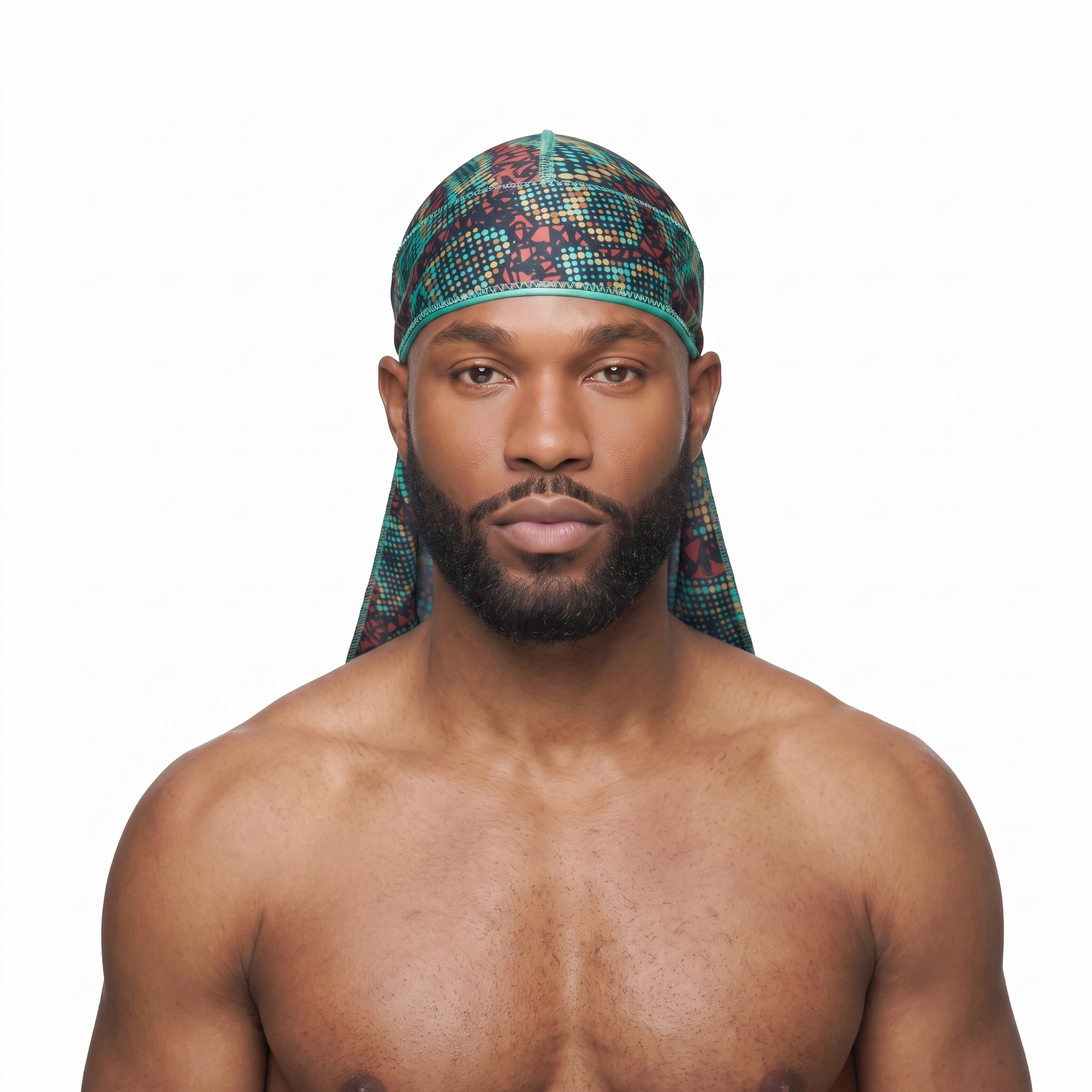Digital Chameleon pixel camo Satin Silky Durag worn by male model, front view on white background