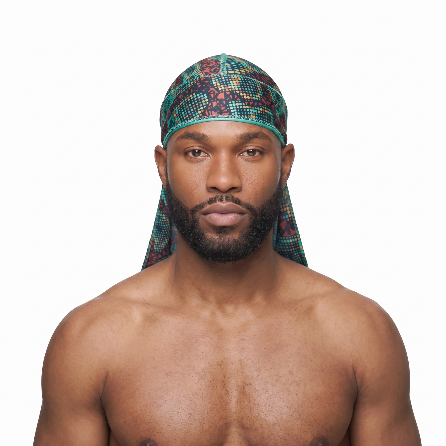 Digital Chameleon pixel camo Satin Silky Durag worn by male model, front view on white background