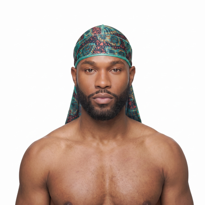 Digital Chameleon pixel camo Satin Silky Durag worn by male model, front view on white background