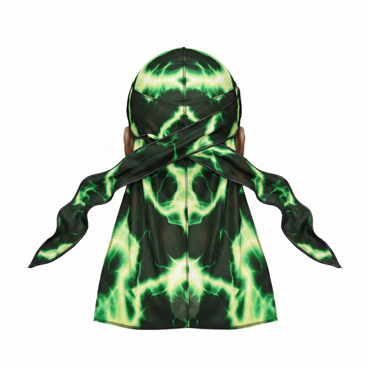 Voltage Green lightning Satin Silky Durag - premium silky durag back view showing wrap straps, tail and stitching