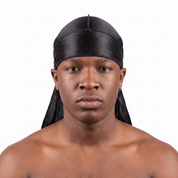 Premium Black Silk Durag worn by male model, front view on white background