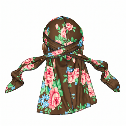 Brown Pink Retro Roses floral Satin Silky Durag - premium silky durag back view showing wrap straps, tail and stitching