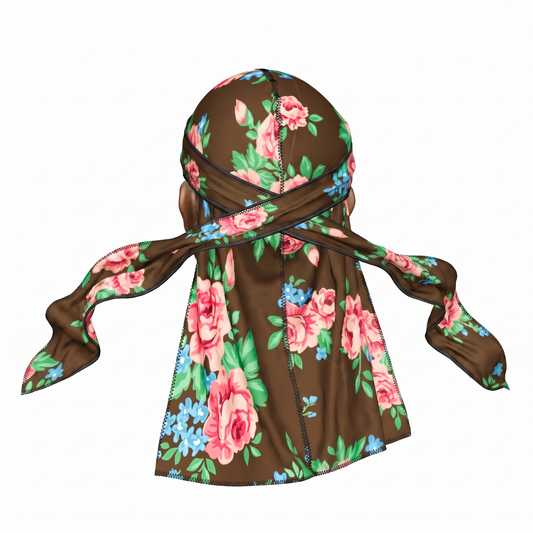 Brown Pink Retro Roses floral Satin Silky Durag - premium silky durag back view showing wrap straps, tail and stitching