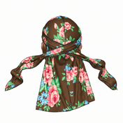 Brown Pink Retro Roses floral Satin Silky Durag - premium silky durag back view showing wrap straps, tail and stitching
