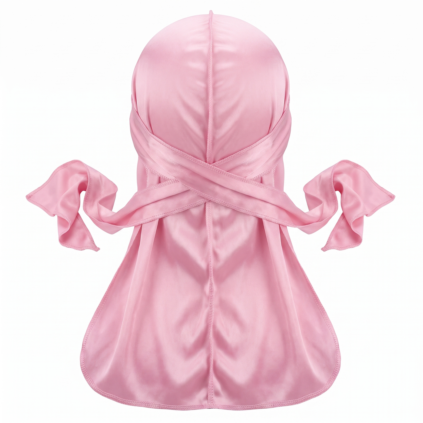 Premium Powder Pink Silk Durag - premium heavy silky durag back view showing wrap straps, tail and stitching