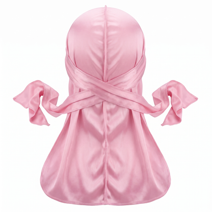 Premium Powder Pink Silk Durag - premium heavy silky durag back view showing wrap straps, tail and stitching