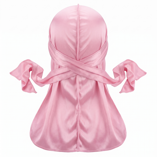 Premium Powder Pink Silk Durag - premium heavy silky durag back view showing wrap straps, tail and stitching