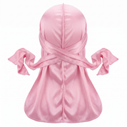 Premium Powder Pink Silk Durag - premium heavy silky durag back view showing wrap straps, tail and stitching