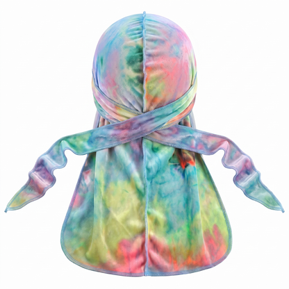 Supreme Tye-Dye Pastel Multi-Color Velvet Durag - premium velvet durag back view showing wrap straps, tail and stitching