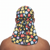 Pac-Man retro arcade Satin Silky Durag worn by male model, back view showing tied wrap and tail