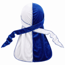 Blue & White Spilt Velvet Durag - premium velvet durag back view showing wrap straps, tail and stitching