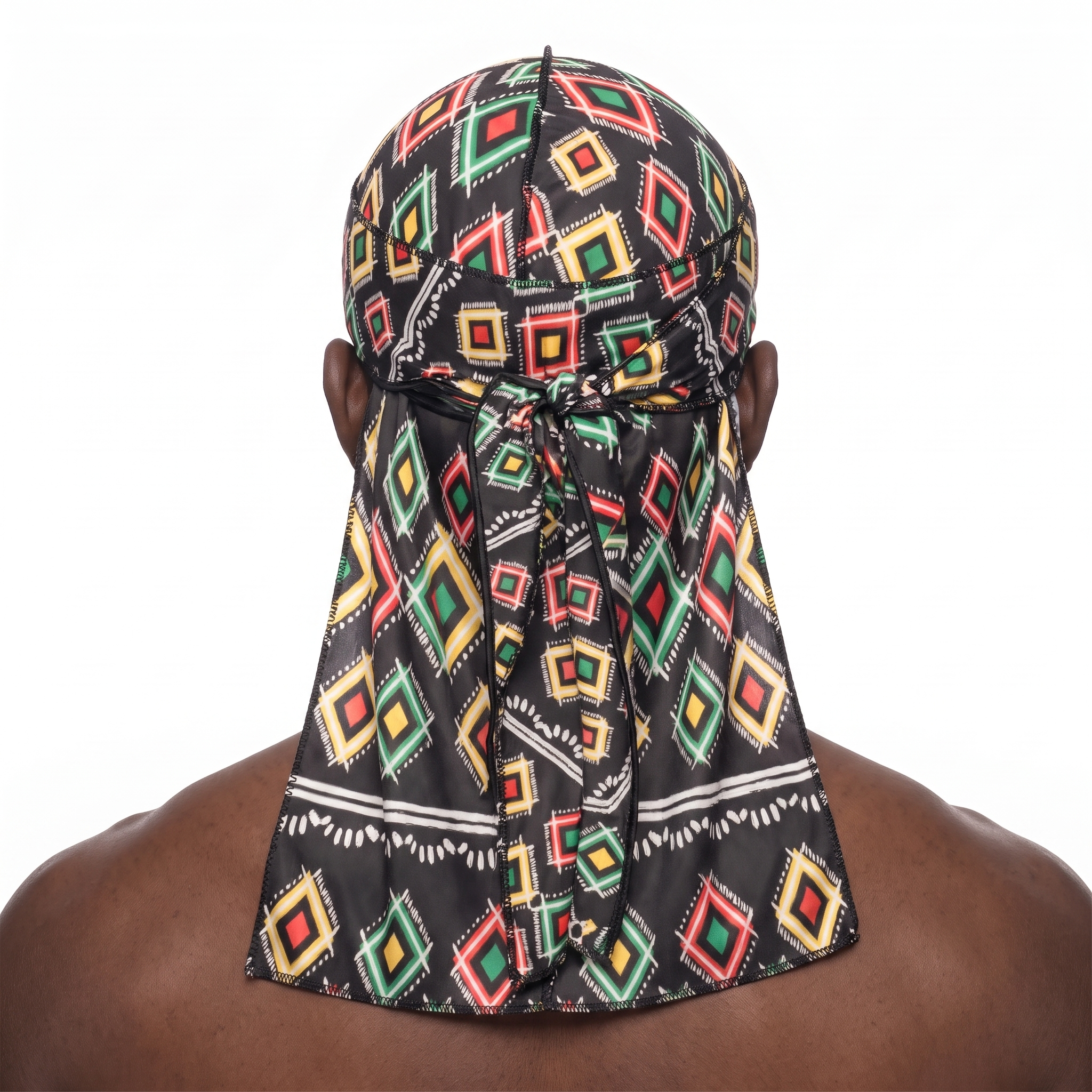 Juneteenth 2.0 red black and green Satin Silky Durag worn by male model, back view showing tied wrap and tail