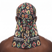 Juneteenth 2.0 red black and green Satin Silky Durag worn by male model, back view showing tied wrap and tail