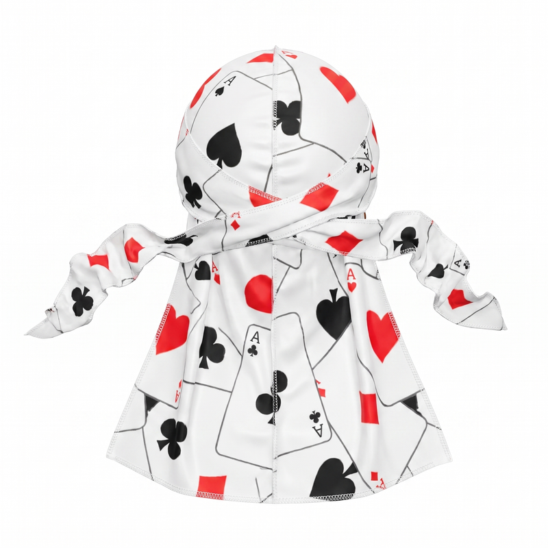 Ace playing card graphic Satin Silky Durag - premium silky durag back view showing wrap straps, tail and stitching