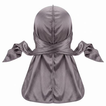 JagRags Stretchy Gun Metal and Silk Durag for Men - premium heavy silky durag back view showing wrap straps, tail and stitching