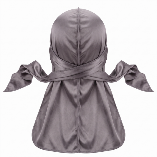 JagRags Stretchy Gun Metal and Silk Durag for Men - premium heavy silky durag back view showing wrap straps, tail and stitching