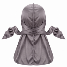 JagRags Stretchy Gun Metal and Silk Durag for Men - premium heavy silky durag back view showing wrap straps, tail and stitching