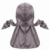 JagRags Stretchy Gun Metal and Silk Durag for Men - premium heavy silky durag back view showing wrap straps, tail and stitching
