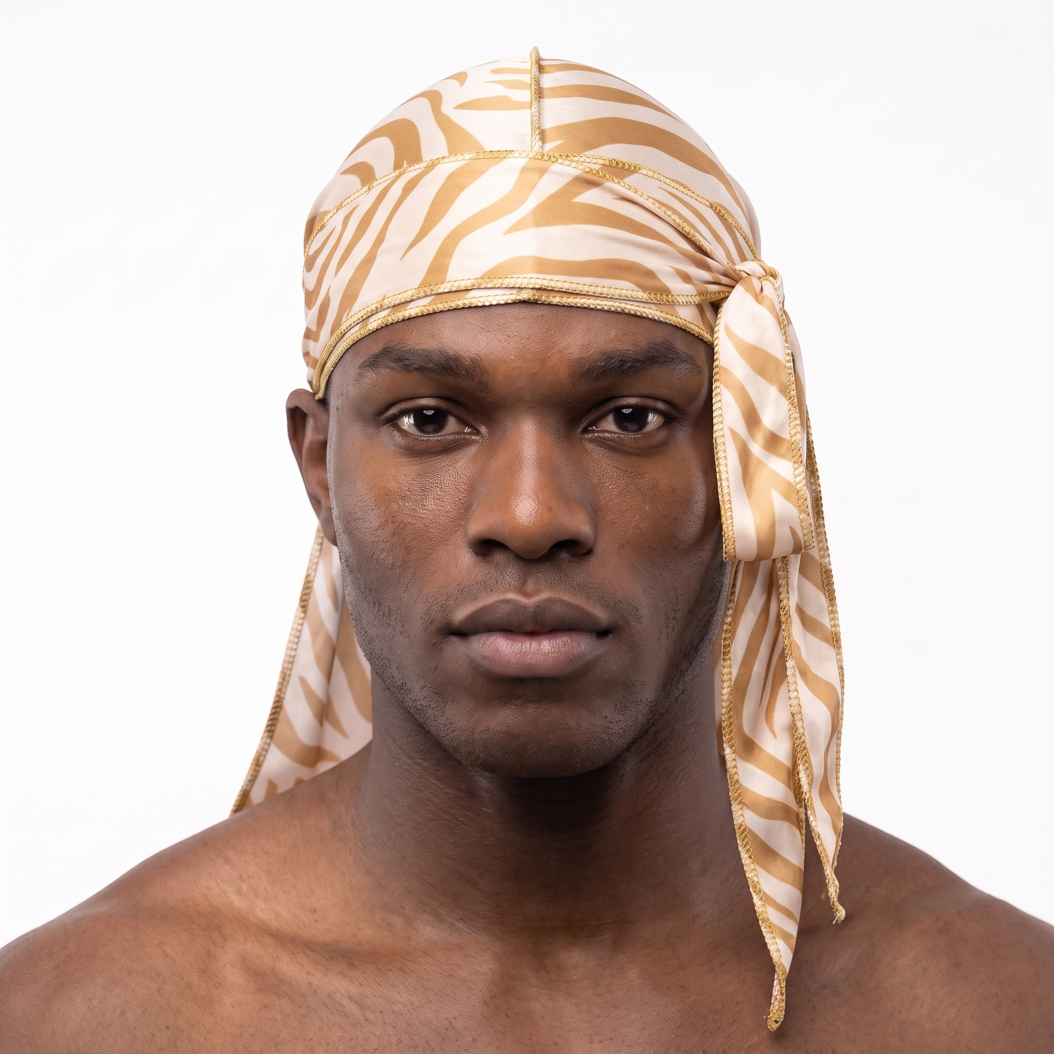 Zebra Cream animal print Satin Silky Durag worn by male model, front view on white background