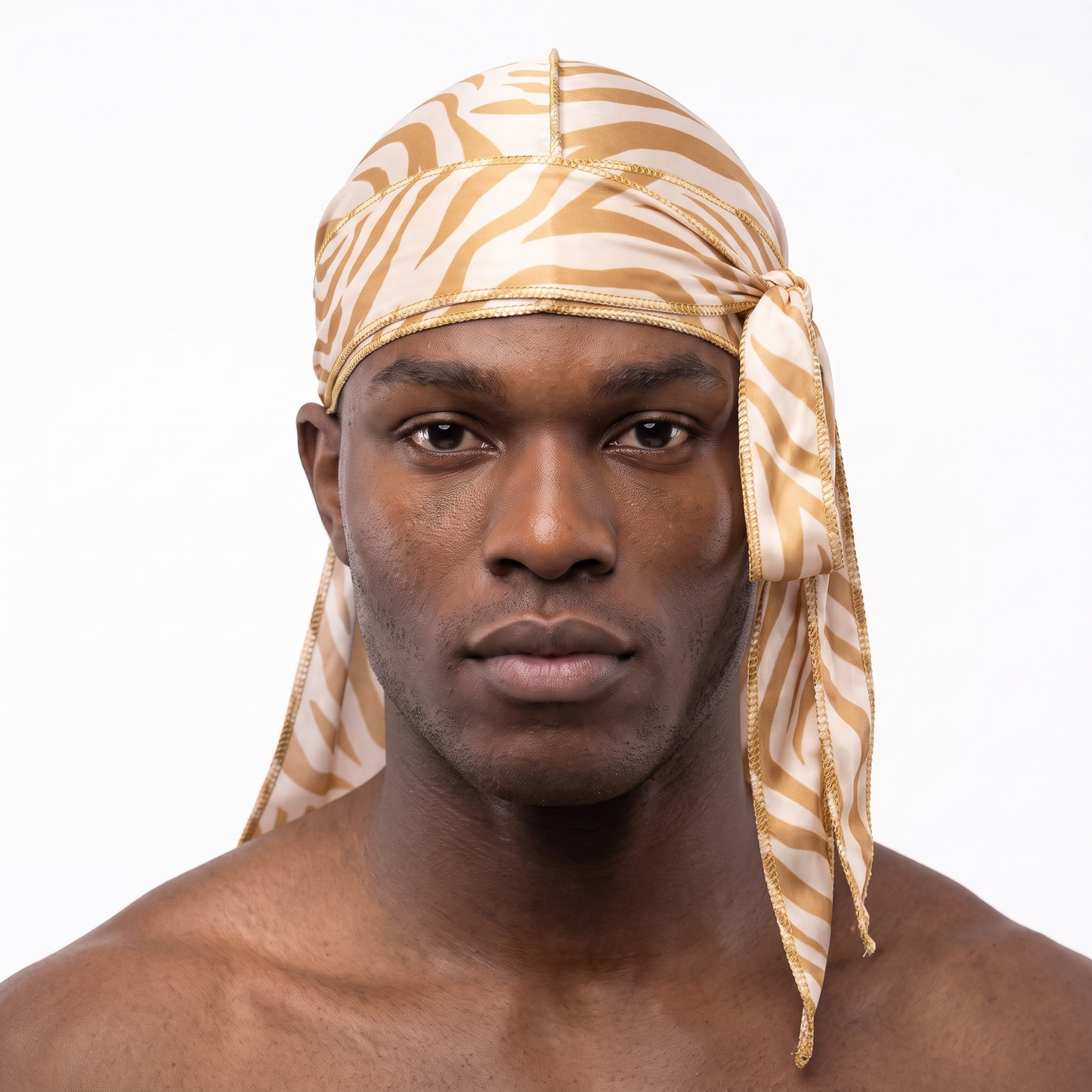 Zebra Cream animal print Satin Silky Durag worn by male model, front view on white background