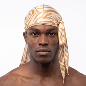 Zebra Cream animal print Satin Silky Durag worn by male model, front view on white background