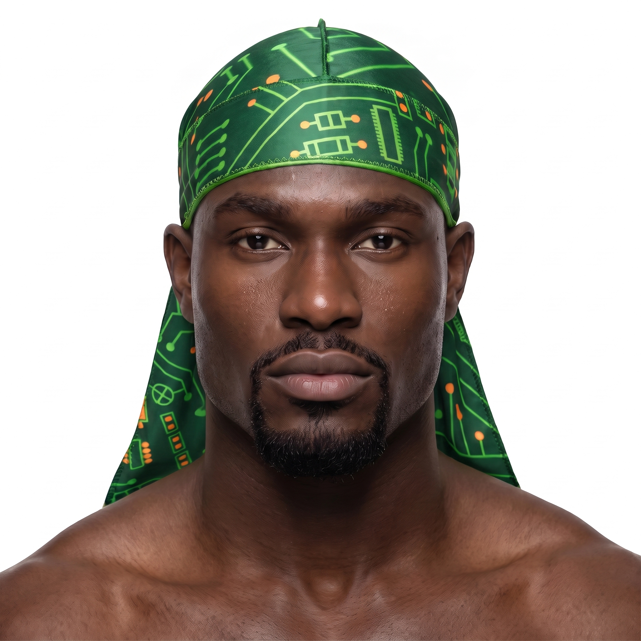 Digital Green pixel camo Satin Silky Durag worn by male model, front view on white background