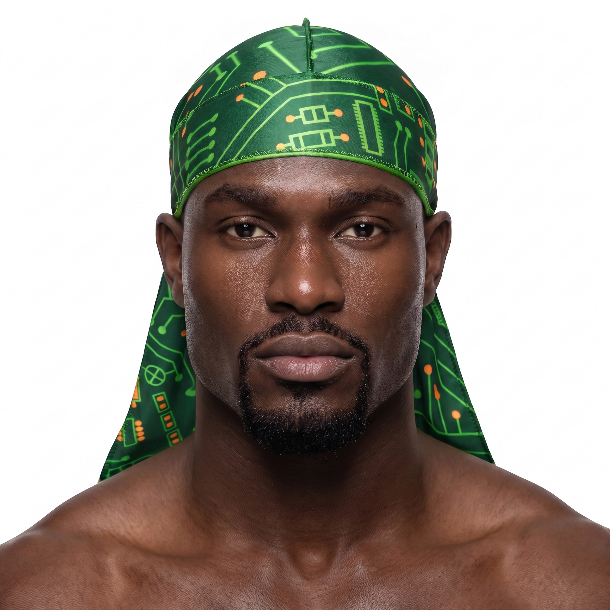 Digital Green pixel camo Satin Silky Durag worn by male model, front view on white background