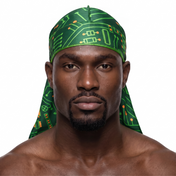 Digital Green pixel camo Satin Silky Durag worn by male model, front view on white background