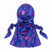 Digital Blue and Red pixel Satin Silky Durag - premium silky durag back view showing wrap straps, tail and stitching