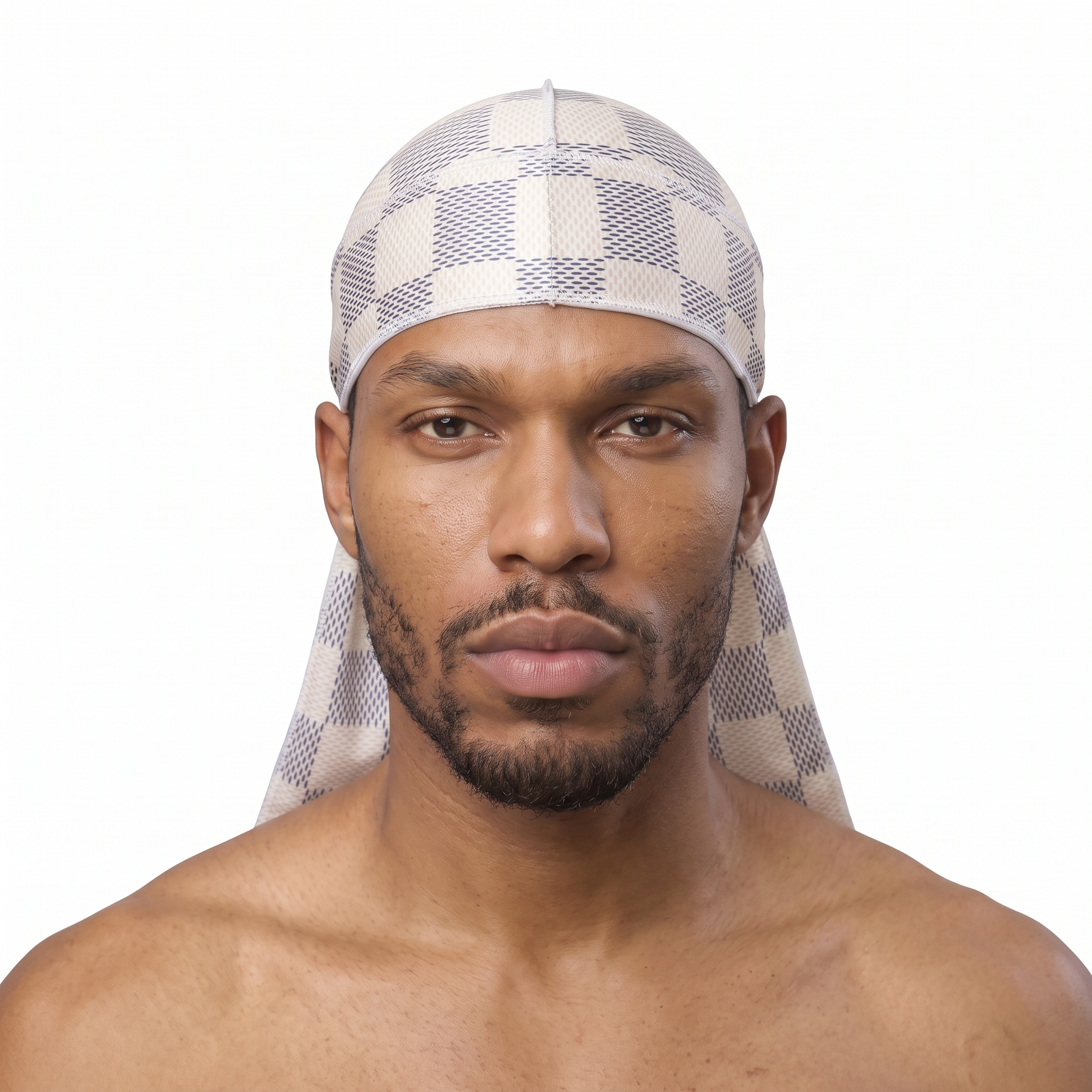 Checkered Cream Satin Silky Durag worn by male model, front view on white background