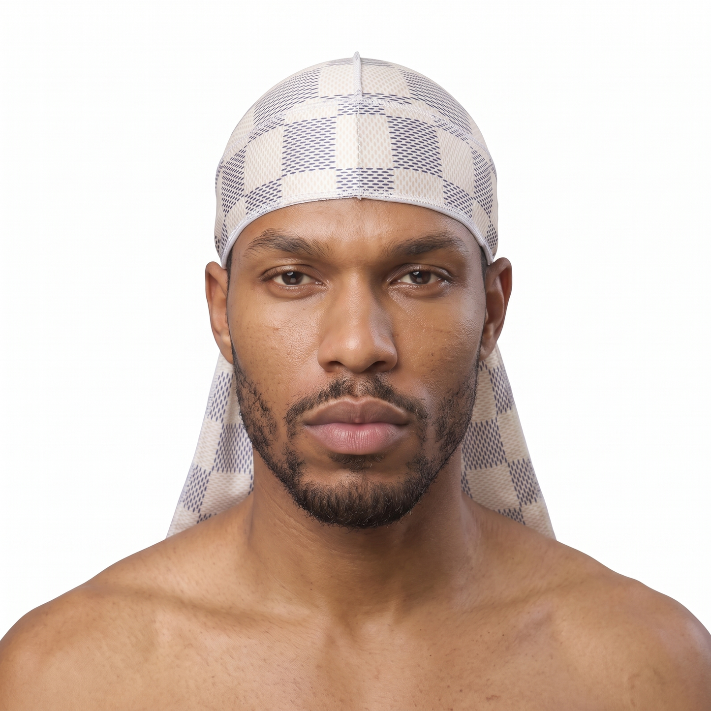 Checkered Cream Satin Silky Durag worn by male model, front view on white background