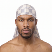 Checkered Cream Satin Silky Durag worn by male model, front view on white background