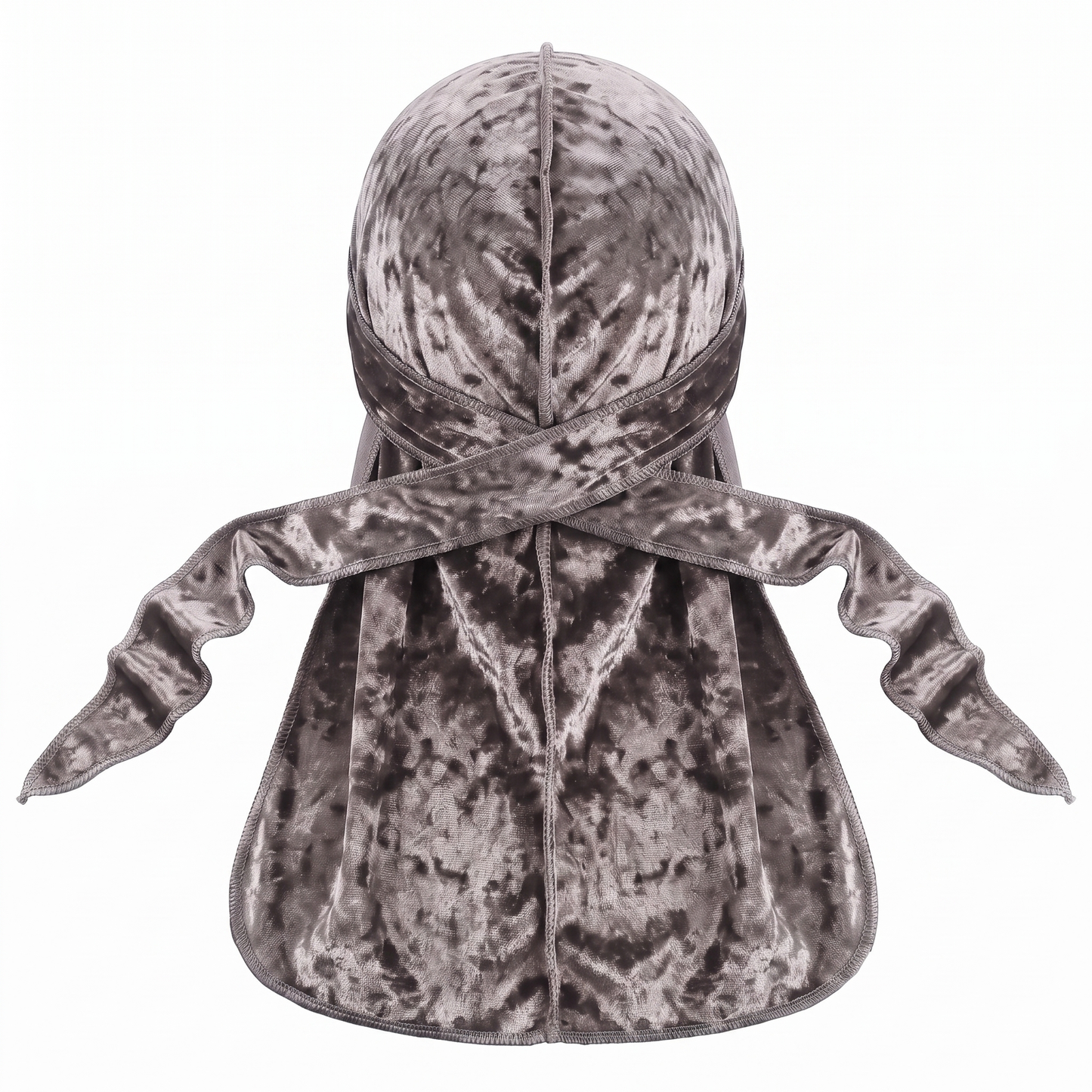 Premium Crushed Velvet Grey Durag - premium crushed velvet durag back view showing wrap straps, tail and stitching