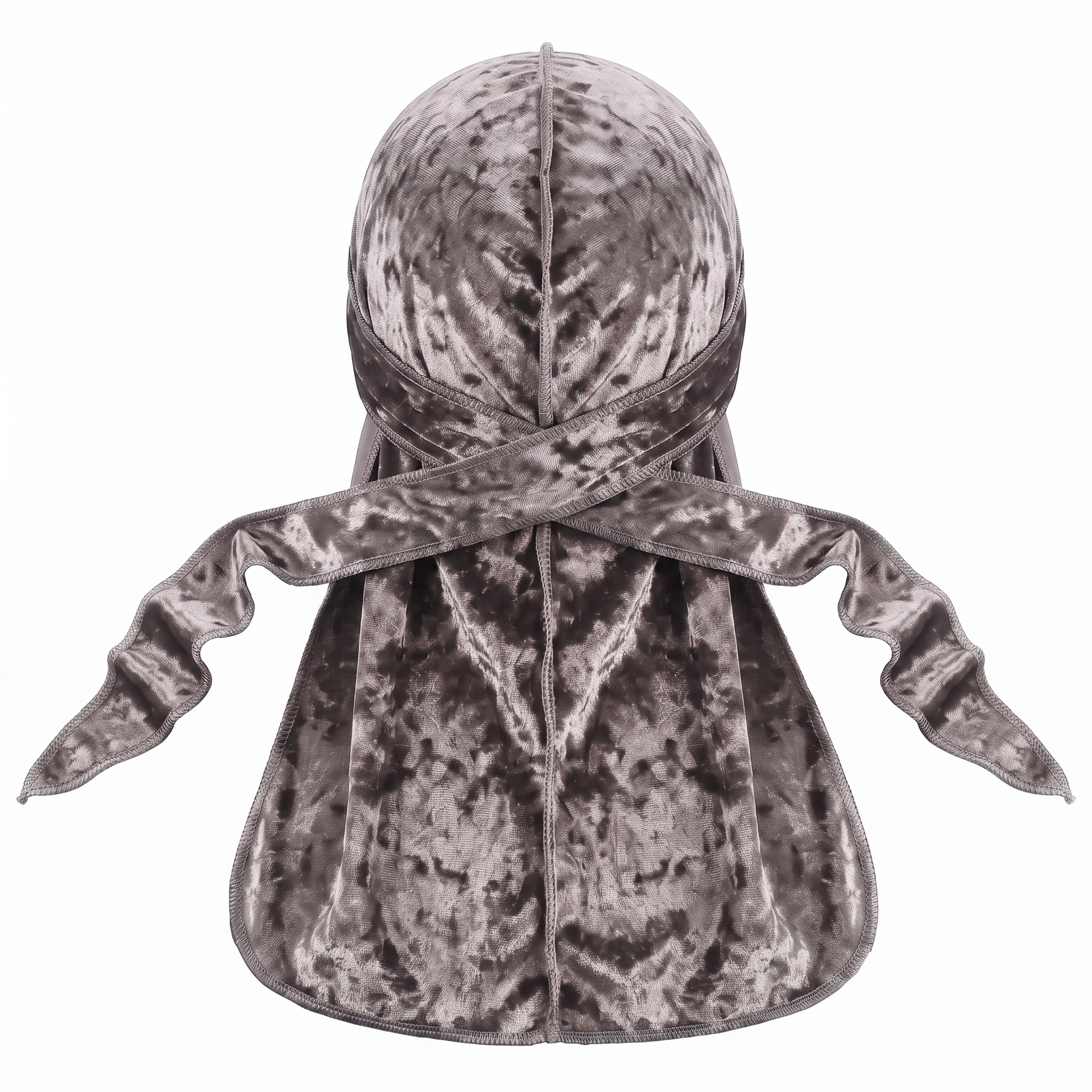Premium Crushed Velvet Grey Durag - premium crushed velvet durag back view showing wrap straps, tail and stitching