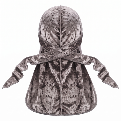 Premium Crushed Velvet Grey Durag - premium crushed velvet durag back view showing wrap straps, tail and stitching
