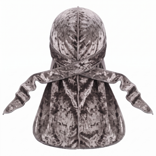 Premium Crushed Velvet Grey Durag - premium crushed velvet durag back view showing wrap straps, tail and stitching