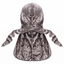 Premium Crushed Velvet Grey Durag - premium crushed velvet durag back view showing wrap straps, tail and stitching