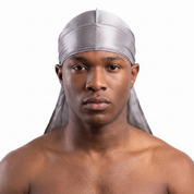 Premium Silver Grey Silk Durag worn by male model, front view on white background