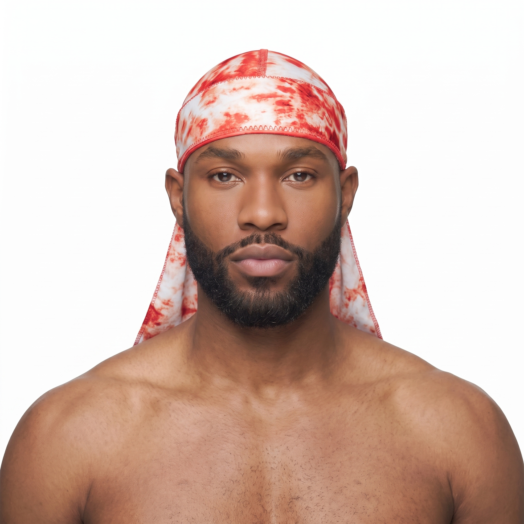 Red Tye Dye Satin Silky Durag worn by male model, front view on white background