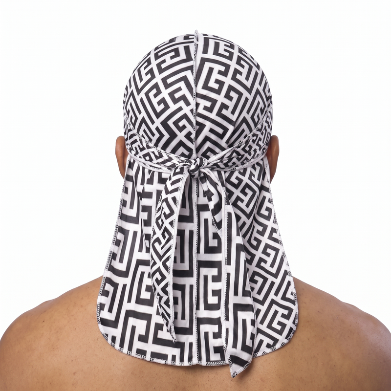 Black and White Maze geometric Satin Silky Durag worn by male model, back view showing tied wrap and tail
