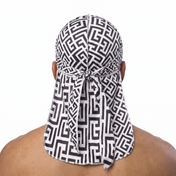 Black and White Maze geometric Satin Silky Durag worn by male model, back view showing tied wrap and tail