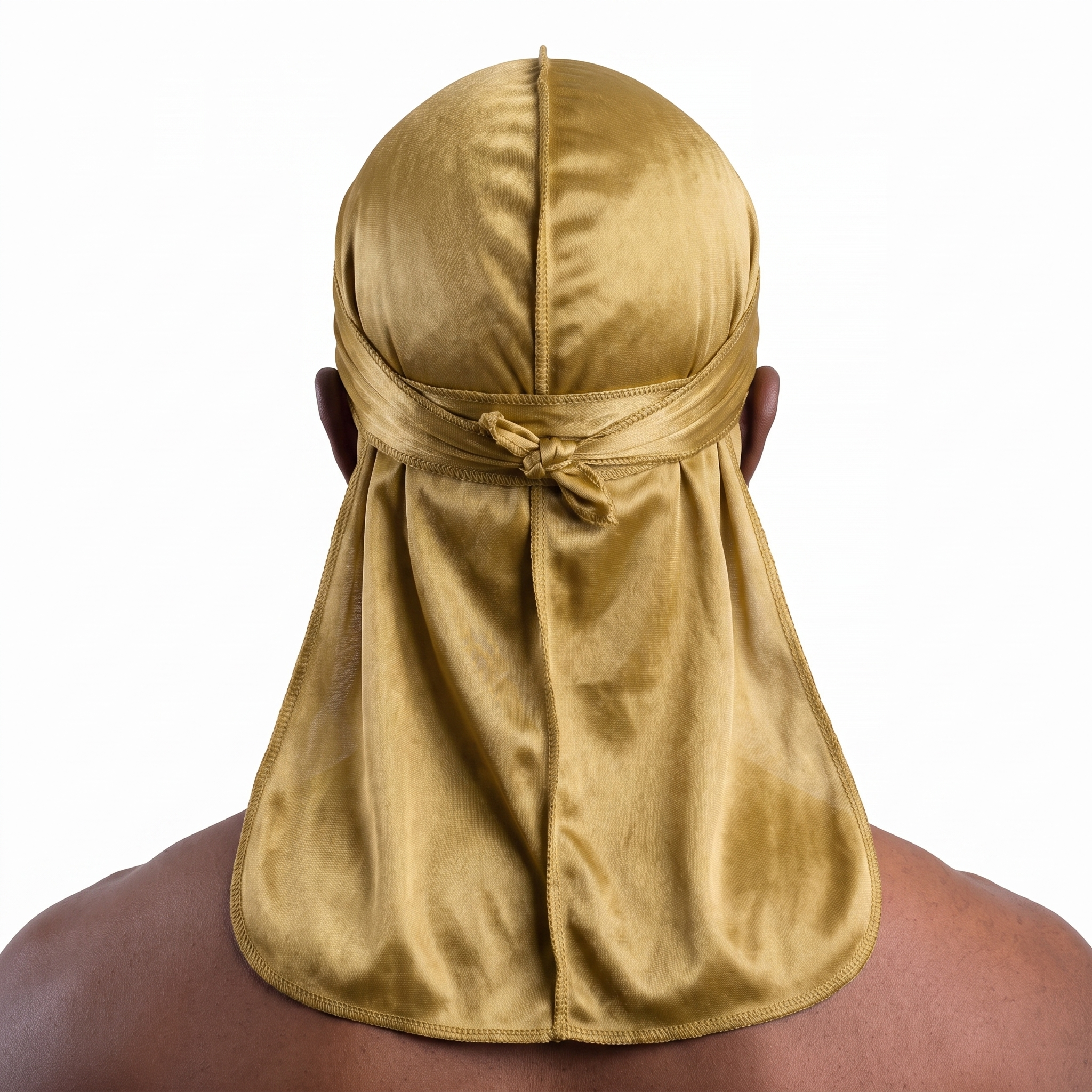 Premium Gold Silk Durag worn by male model, back view showing tied wrap and tail