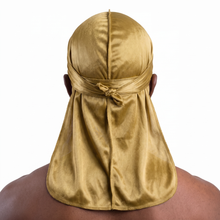 Premium Gold Silk Durag worn by male model, back view showing tied wrap and tail