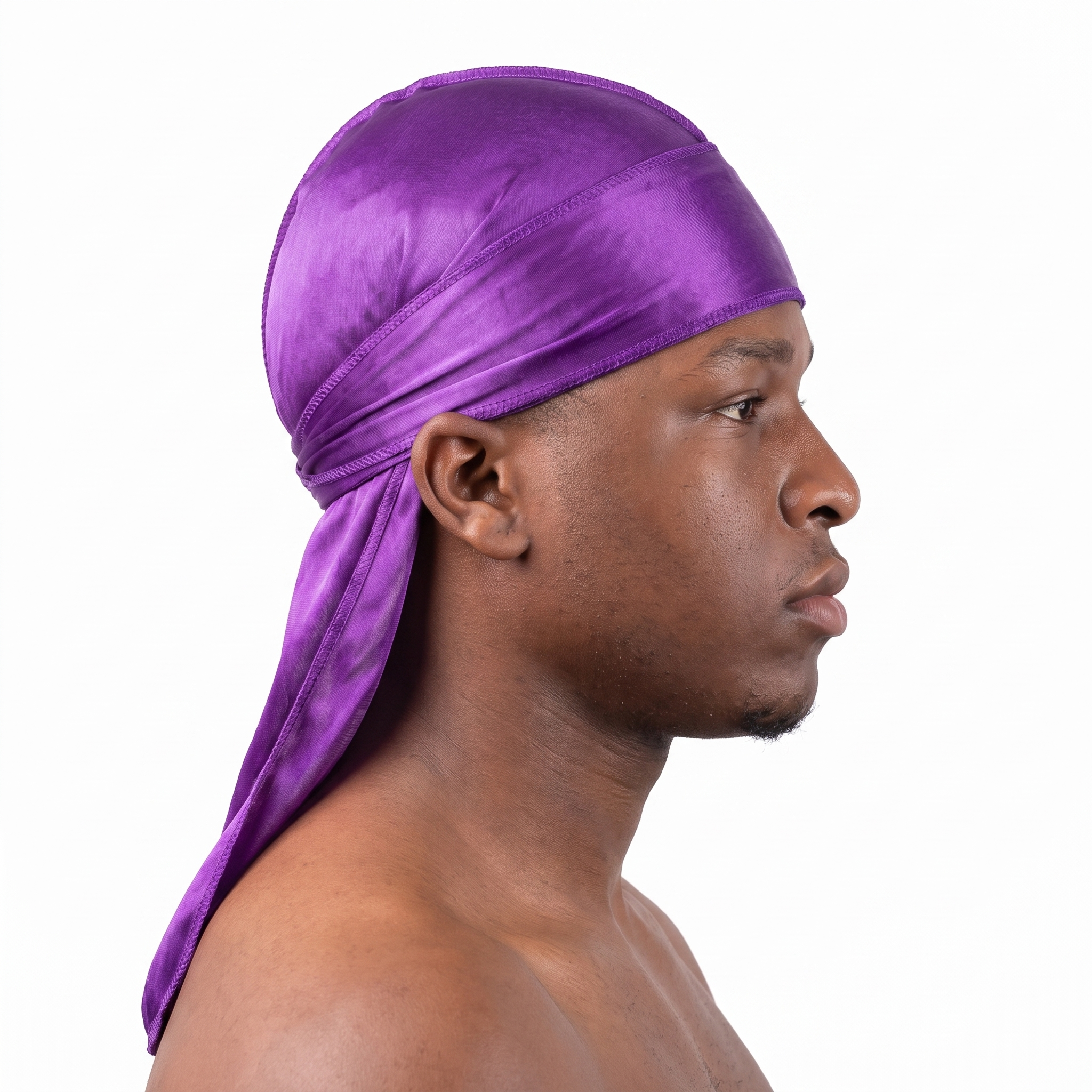 Premium Purple Silk Durag worn by male model, side profile showing fit and tail drape