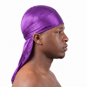 Premium Purple Silk Durag worn by male model, side profile showing fit and tail drape