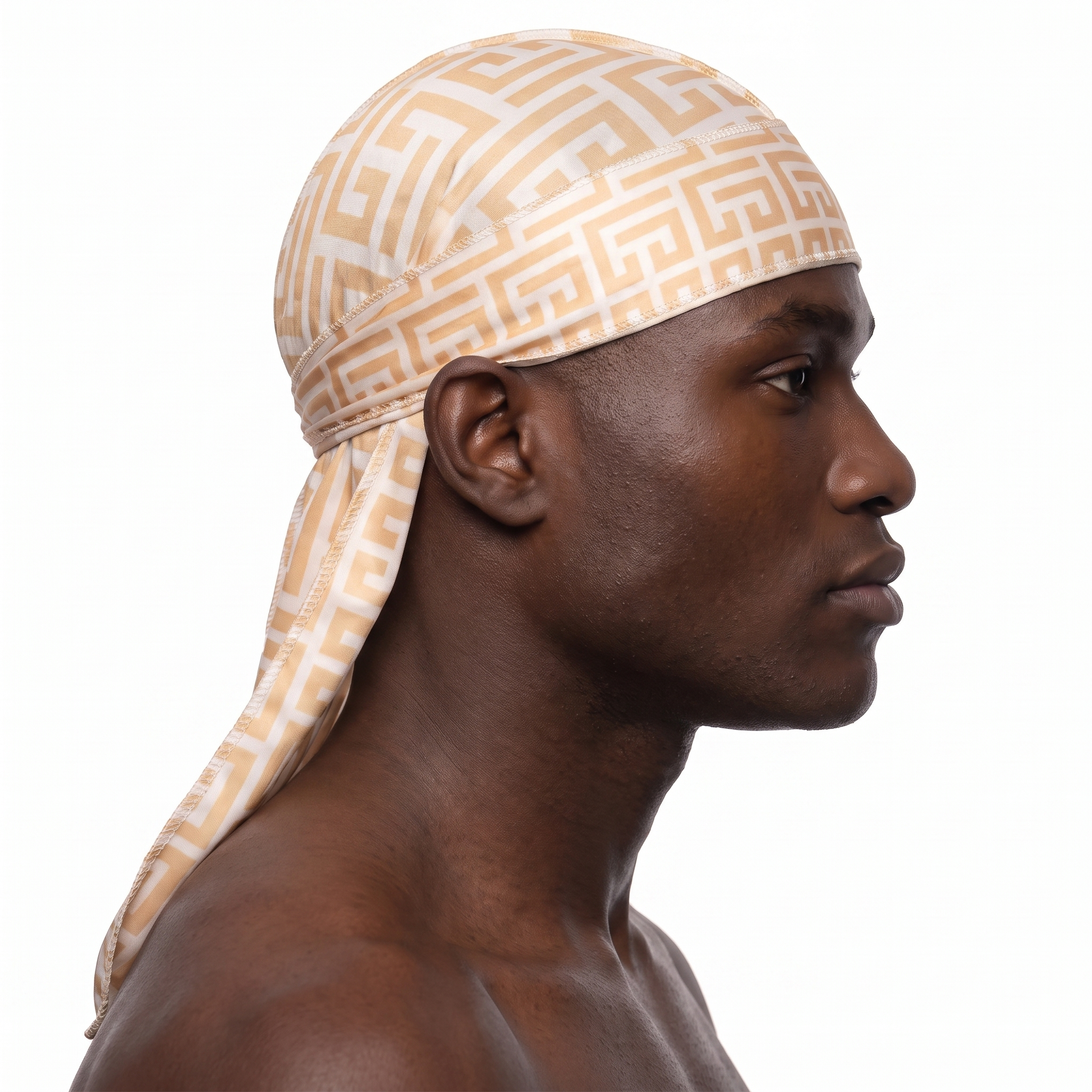 Sand Maze geometric Satin Silky Durag worn by male model, side profile showing fit and tail drape