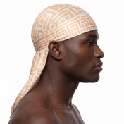 Sand Maze geometric Satin Silky Durag worn by male model, side profile showing fit and tail drape