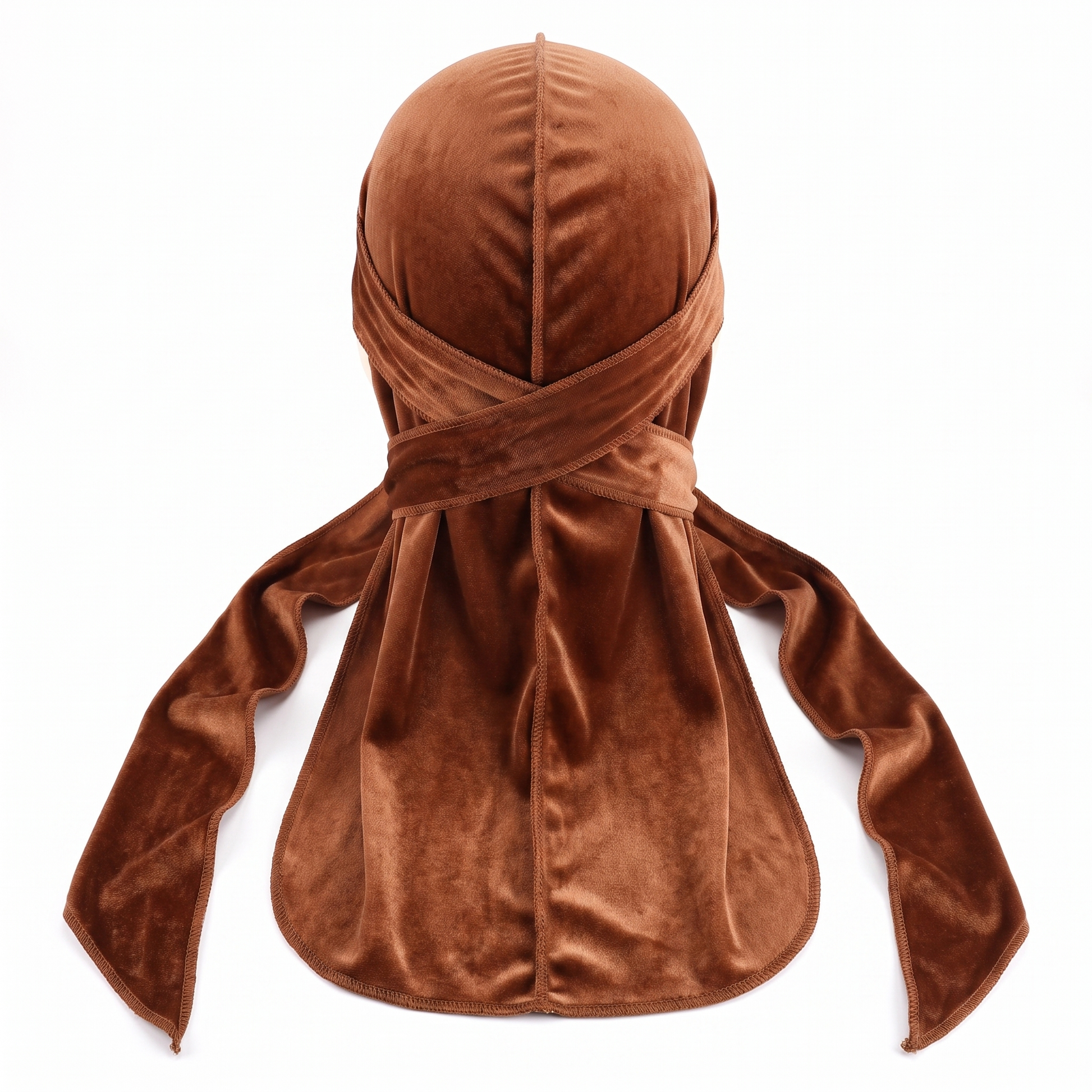 Premium Brown Cinnamon Velvet Durag - premium velvet durag back view showing wrap straps, tail and stitching