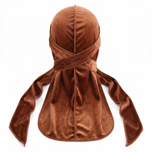 Premium Brown Cinnamon Velvet Durag - premium velvet durag back view showing wrap straps, tail and stitching